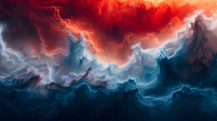 Wall Mural - A rich cosmic nebula in shades of red, blue, and white, with intricate patterns and textures that mimic the natural formations of interstellar clouds 