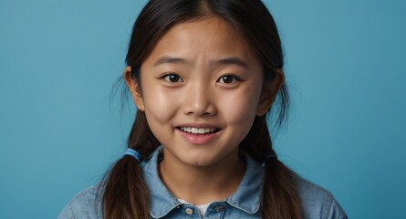 Poster - asian young teen girl plain blue background looking happy amazed surpised wow shocked expression with copy space