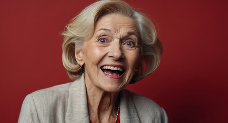 Poster - blonde elderly woman plain red background looking happy amazed surpised wow shocked expression with copy space