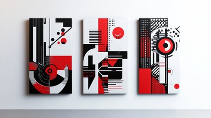 Three abstract geometric framed posters in black and white