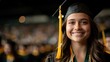 ©  lukaPixMedia - A young female graduate smiles proudly at her graduation ceremony, donning her cap and gown with a yellow tassel, surrounded by fellow smiling graduates.