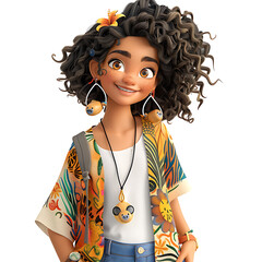 10. Cheerful digital 3D cel animation of a Brazilian teenage woman with radiant skin, enchanting eyes, and a delightful smile, with influences from traditional Brazilian art, set against a white 