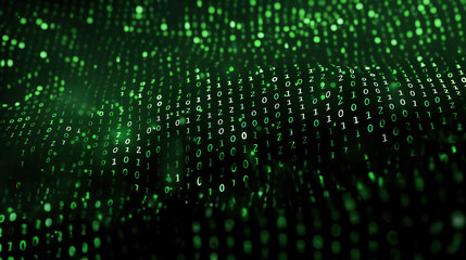 Binary code green background with glowing one and zero digits. Numbers abstract, technology concept. Cyberspace, computer programming, information coding.