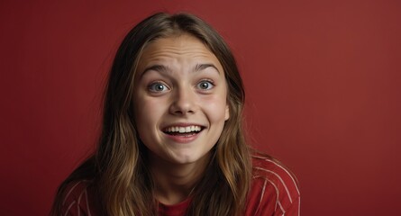 Poster - caucasian young teen girl plain red background looking happy amazed surpised wow shocked expression with copy space