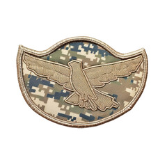 a stylized bird of peace patch on a camouflage background.