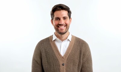 Poster - Medium shot portrait video of a pleased man in his 30s that is wearing a chic cardigan against a white background