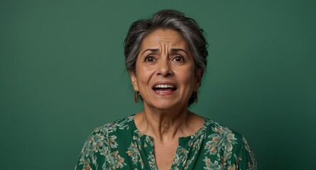 Poster - hispanic middleaged woman plain green background looking happy amazed surpised wow shocked expression with copy space