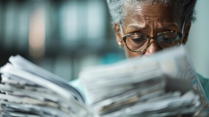 An individual is reading a stack of newspapers attentively, absorbed in the content. The scene captures a moment of focused engagement, with a lot of information in hand.