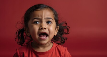 Poster - hispanic toddler child girl plain red background looking happy amazed surpised wow shocked expression with copy space