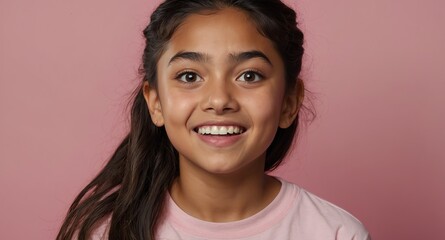 Poster - hispanic young teen girl plain pink background looking happy amazed surpised wow shocked expression with copy space