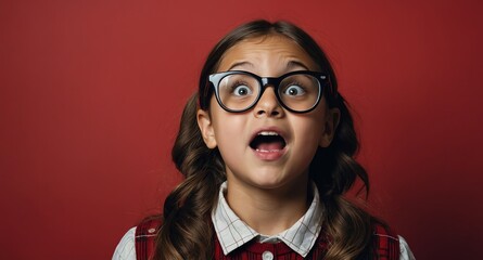 Poster - nerd young kid girl plain red background looking happy amazed surpised wow shocked expression with copy space