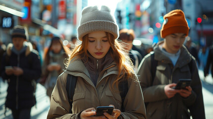 Canvas Print - young woman using smart phone on the street