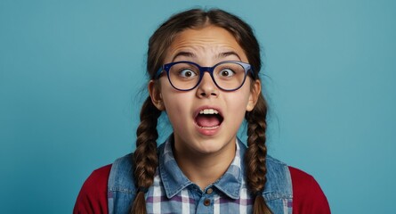 Poster - nerd young teen girl plain blue background looking happy amazed surpised wow shocked expression with copy space