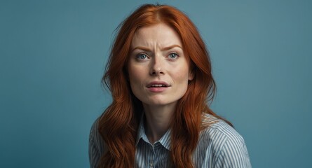 Poster - redhead beautiful woman plain blue background looking happy amazed surpised wow shocked expression with copy space