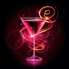 Wall Mural - A single martini glass with a glowing red cocktail and a gold ribbon swirl on a dark background.