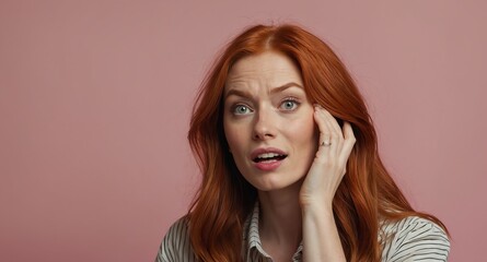 Poster - redhead beautiful woman plain pink background looking happy amazed surpised wow shocked expression with copy space