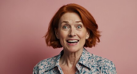 Poster - redhead middleaged woman plain pink background looking happy amazed surpised wow shocked expression with copy space