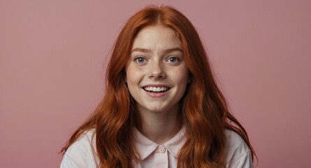 Poster - redhead young teen girl plain pink background looking happy amazed surpised wow shocked expression with copy space