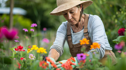 Wall Mural - midle age woman gardening between the flowers