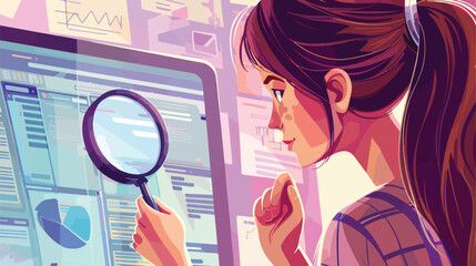 Wall Mural - Woman Searching Website with Magnifier - Professional Website Searching Concept