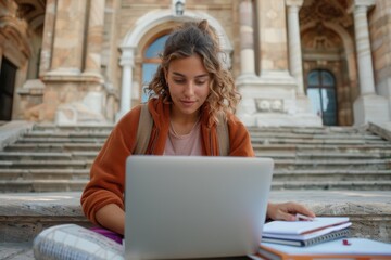 A young woman sits on the steps of a historical building, using her laptop and surrounded by notebooks, showcasing a blend of tradition and modern learning tools.