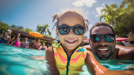 Wall Mural - A man and a child are in a pool, smiling and enjoying themselves.