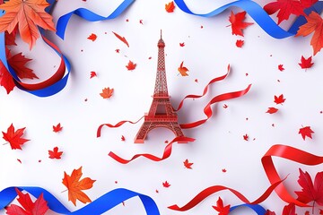 3D Eiffel Tower in the middle of two large red and blue ribbons. The background is white with small falling petals around it. The tower has a golden metal texture. The picture is very delicate