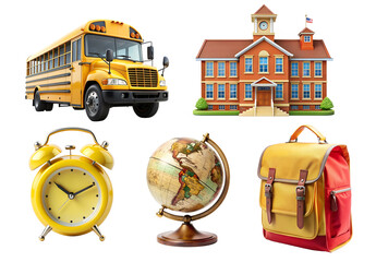 Wall Mural - Back to School PNG Set. Collection with school elements isolated on white transparent background, png element clipart.