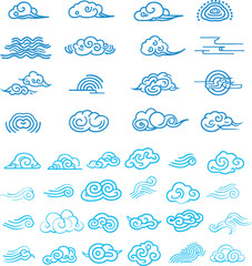 Poster - Line clouds in Chinese style. Korean Japanese oriental decorative art. Retro graphic on sky background texture.