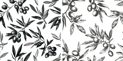 Sticker - A seamless black olive pattern with Greek olives on branches with leaves. Hand drawn sketch modern illustration. Olive twig, fresh floral decoration.