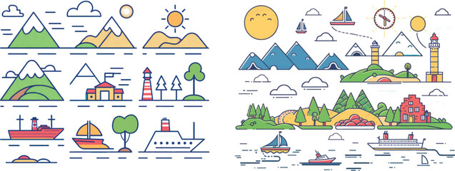 Fototapete - Forest trees, mountain, tropical sea island, desert and volcano. Outdoor adventure and hiking outline icon modern set. Illustration landscape environment, nature forest drawing.