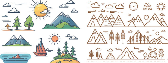 Fototapete - Forest trees, mountain, tropical sea island, desert and volcano. Outdoor adventure and hiking outline icon modern set. Illustration landscape environment, nature forest drawing.