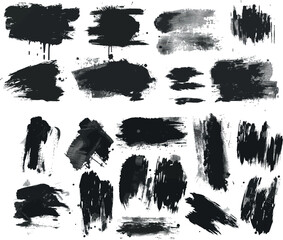 Leinwandbilder - The set includes grunge brushes, a paintbrush sketch, black splash distress texture and paint daub. A rough ink stain and calligraphy element adds a modern touch.