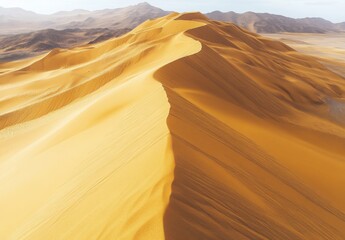 A panoramic shot of towering sand dunes, with delicate shadows highlighting the contours and textures