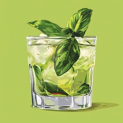 Canvas Print - Refreshing Basil Cocktail in a Glass with Ice.