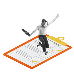 Wall Mural - Businessman jumping with excitement over giant clipboard with completed checkboxes, symbolizing achievement of goals and meeting deadlines efficiently. Contemporary art collage. Concept of business