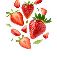 Fresh strawberries scattered on a white background, capturing the vibrant color and juicy texture of ripe fruit.