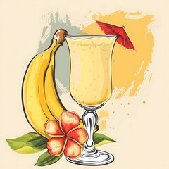 Sticker - Banana Daiquiri Cocktail with Tropical Flower and Umbrella Illustration.