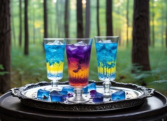 Wall Mural - An image of a magical scene of three glasses filled with a colorful layered drinks