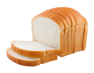 Freshly sliced white bread loaf ready for sandwiches and toasting. Soft texture and ideal for various recipes, isolated on a white or transparent background