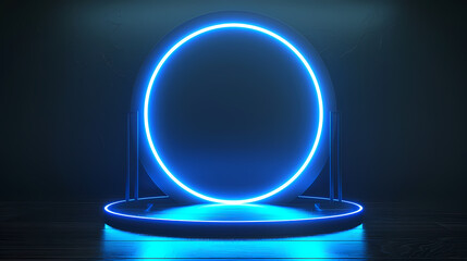 Wall Mural - Blue neon light on a circular platform