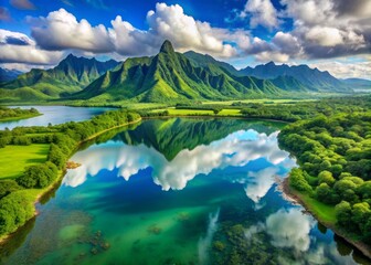 Breathtaking aerial view of serene Moli'i Fishponds near Kaneohe, Oahu, Hawaii, with majestic Koolau Mountains' lush green reflections mirrored in calm turquoise waters.