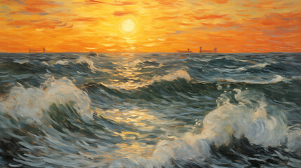 Wall Mural - Vibrant impressionist beach landscape at sunset with waves and tropical sky