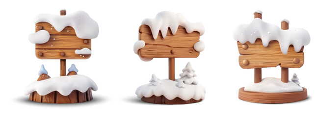 A set of three wooden signposts covered with snow. Snow-Covered Wooden Signboards on White Background. Vector illustration