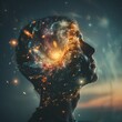© Alba - A profile view of a person with a universe and swirling galaxy within their head, representing limitless imagination and cosmic connection.
