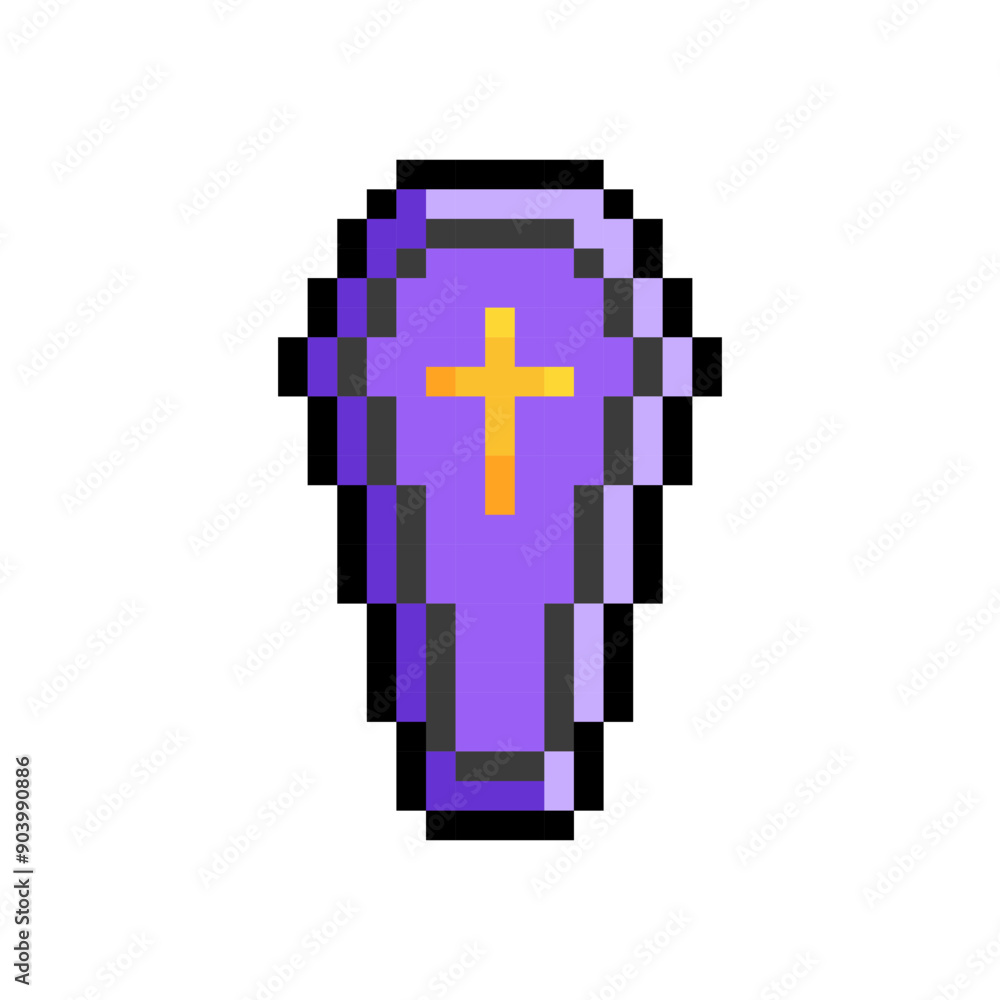 Pixel Rip Coffin Purple coffin with golden cross isolated on transparent background ...
