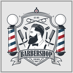 Wall Mural - Barbershop logo, poster or banner design concept with barber pole and bearded men. Vector illustration