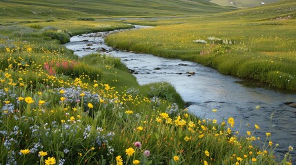 Sticker - A beautiful stream winds through a meadow of wildflowers in a mountain valley.