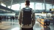 © PaulShlykov - view of man in casual wear with luggages in suits in international airport, Mobility concept and aerospace industry flight connections