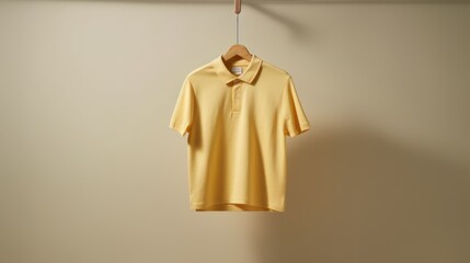 Wall Mural - Yellow Polo Shirt Hanging on Wooden Hanger Against Beige Wall